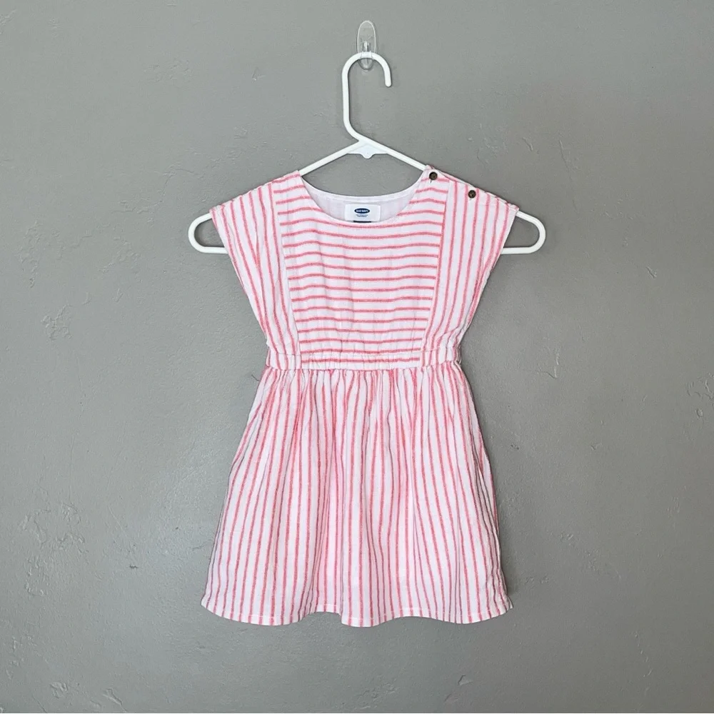 Old Navy Linen Blend Red White Striped Dress Coastal Preppy Nautical Girls 3T